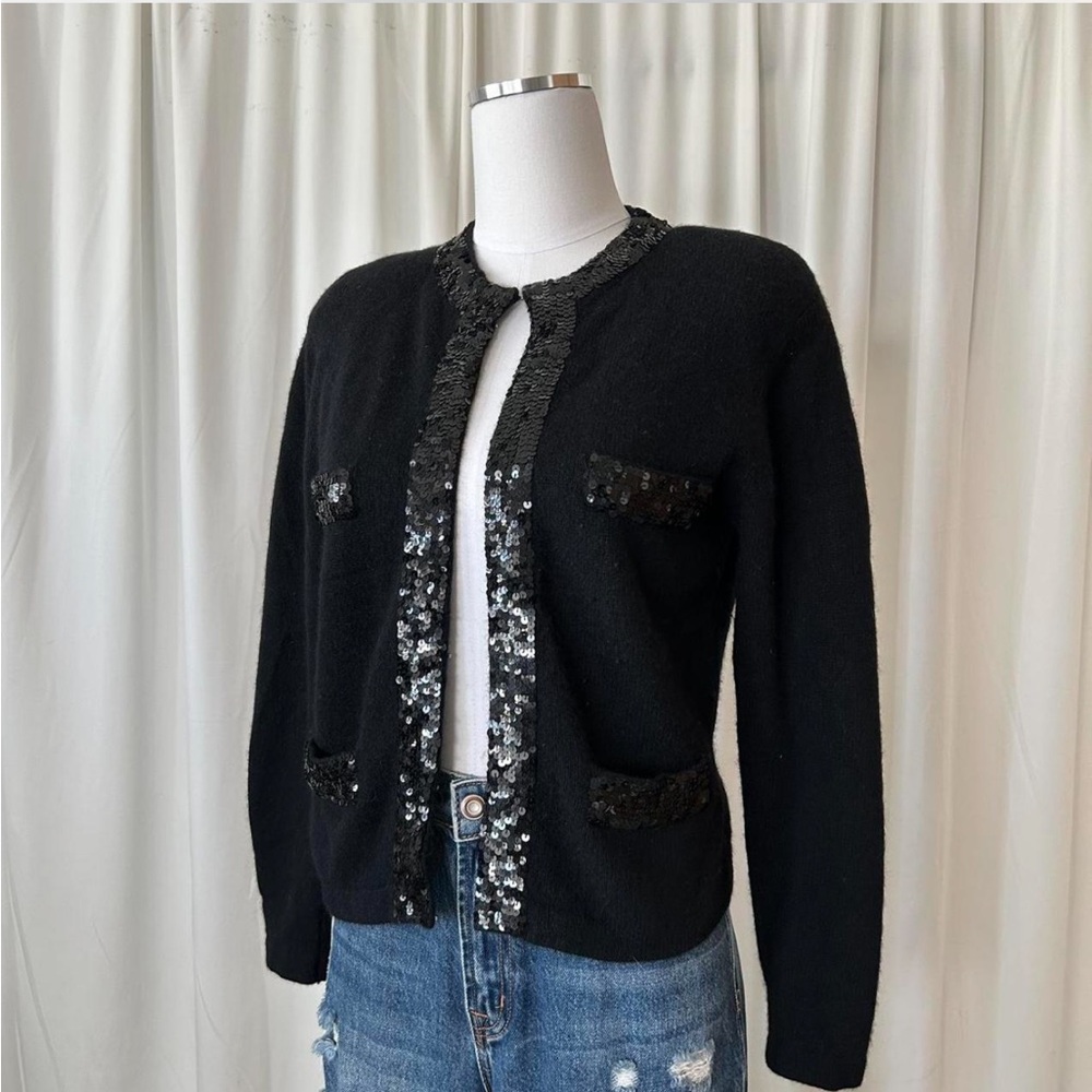 Vintage 1980s Evan-Picone Black Angora Wool Blend Sequin Cardigan Petite Small - Picture 7 of 8